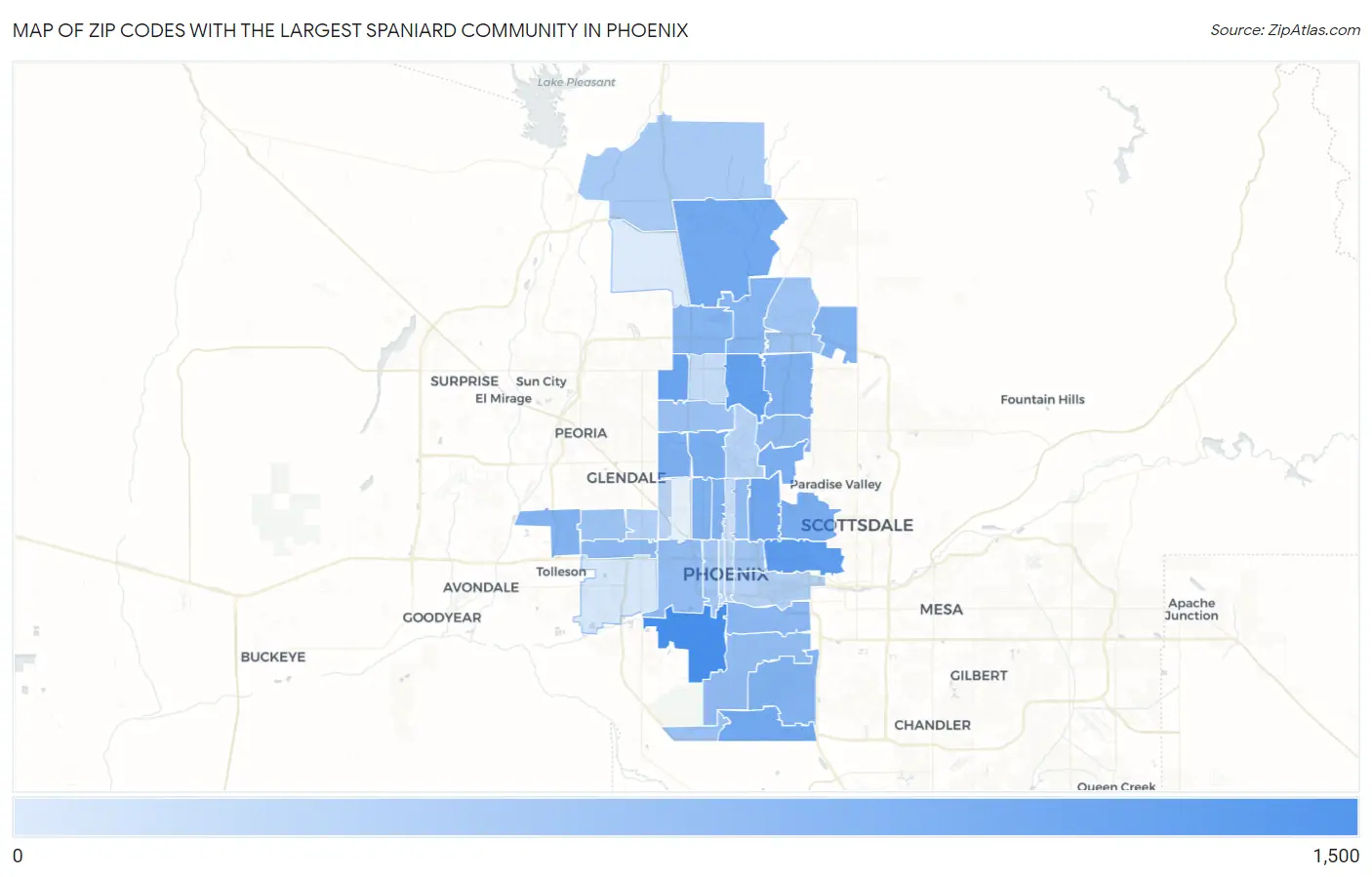 Zip Codes with the Largest Spaniard Community in Phoenix Map