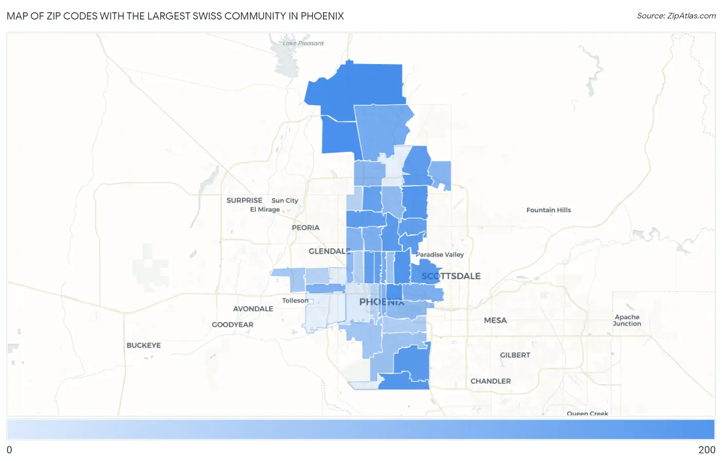 Zip Codes with the Largest Swiss Community in Phoenix Map