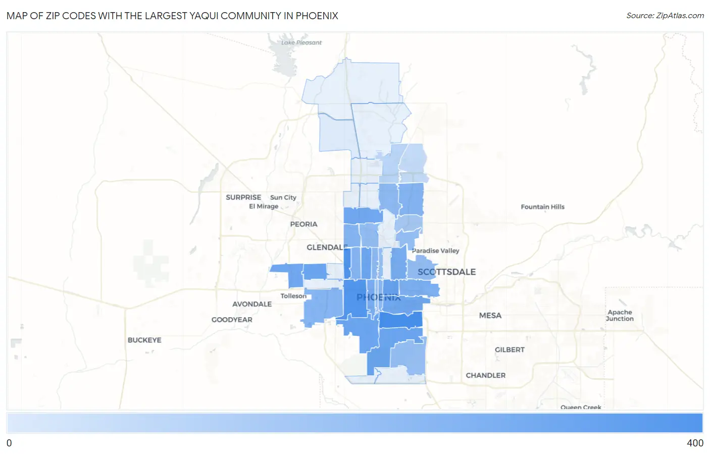 Zip Codes with the Largest Yaqui Community in Phoenix Map