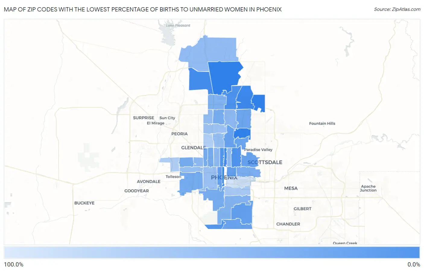 Zip Codes with the Lowest Percentage of Births to Unmarried Women in Phoenix Map