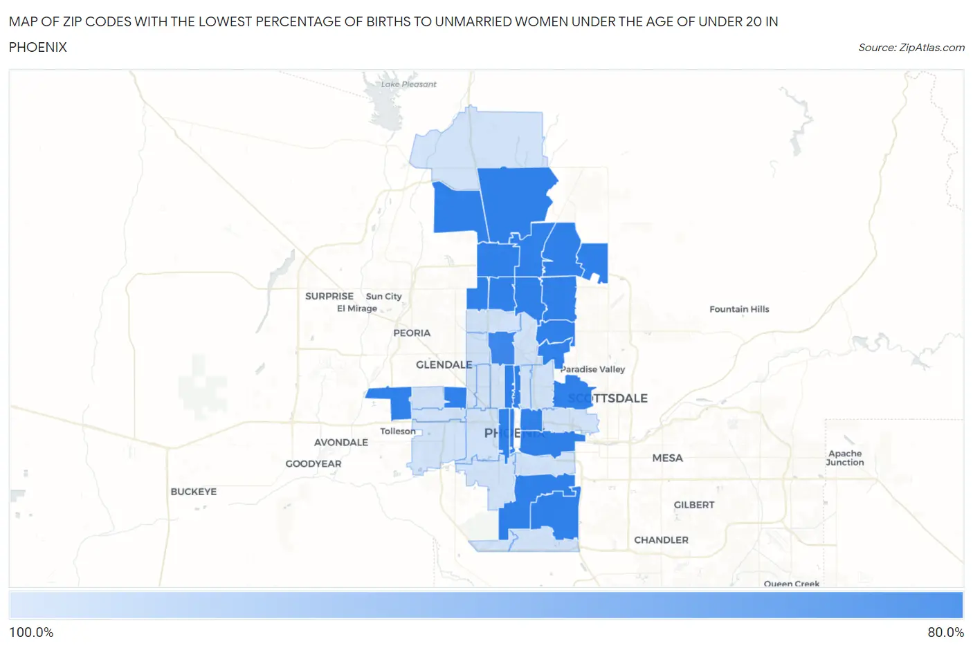 Zip Codes with the Lowest Percentage of Births to Unmarried Women under the Age of under 20 in Phoenix Map