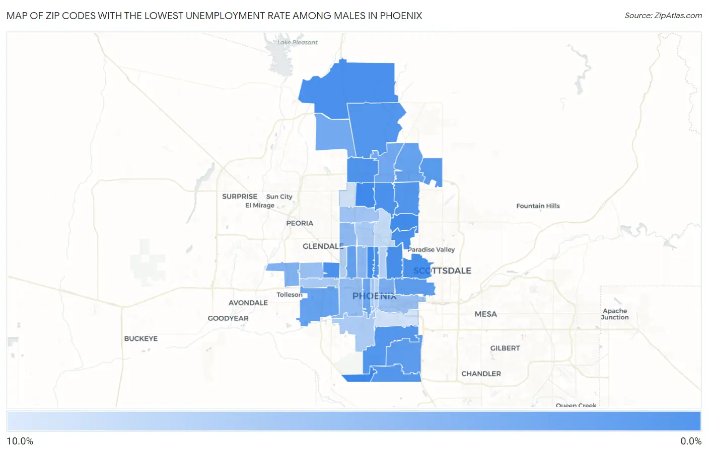 Zip Codes with the Lowest Unemployment Rate Among Males in Phoenix Map