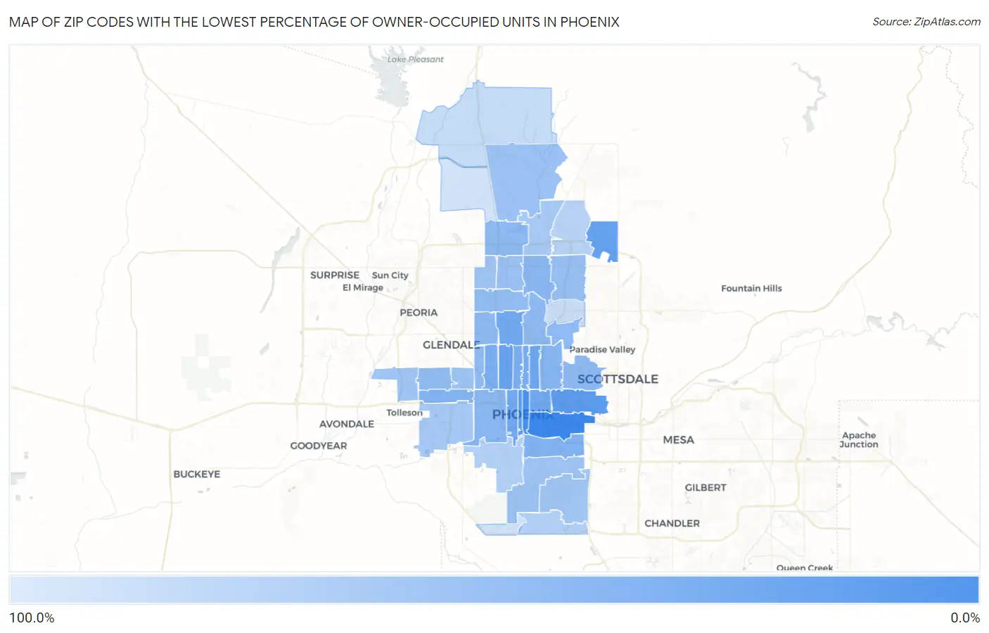 Zip Codes with the Lowest Percentage of Owner-Occupied Units in Phoenix Map