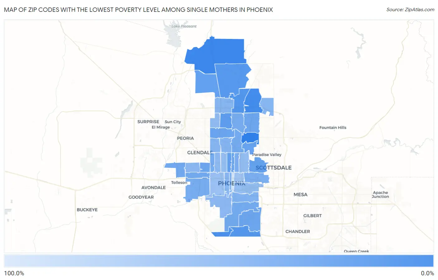 Zip Codes with the Lowest Poverty Level Among Single Mothers in Phoenix Map
