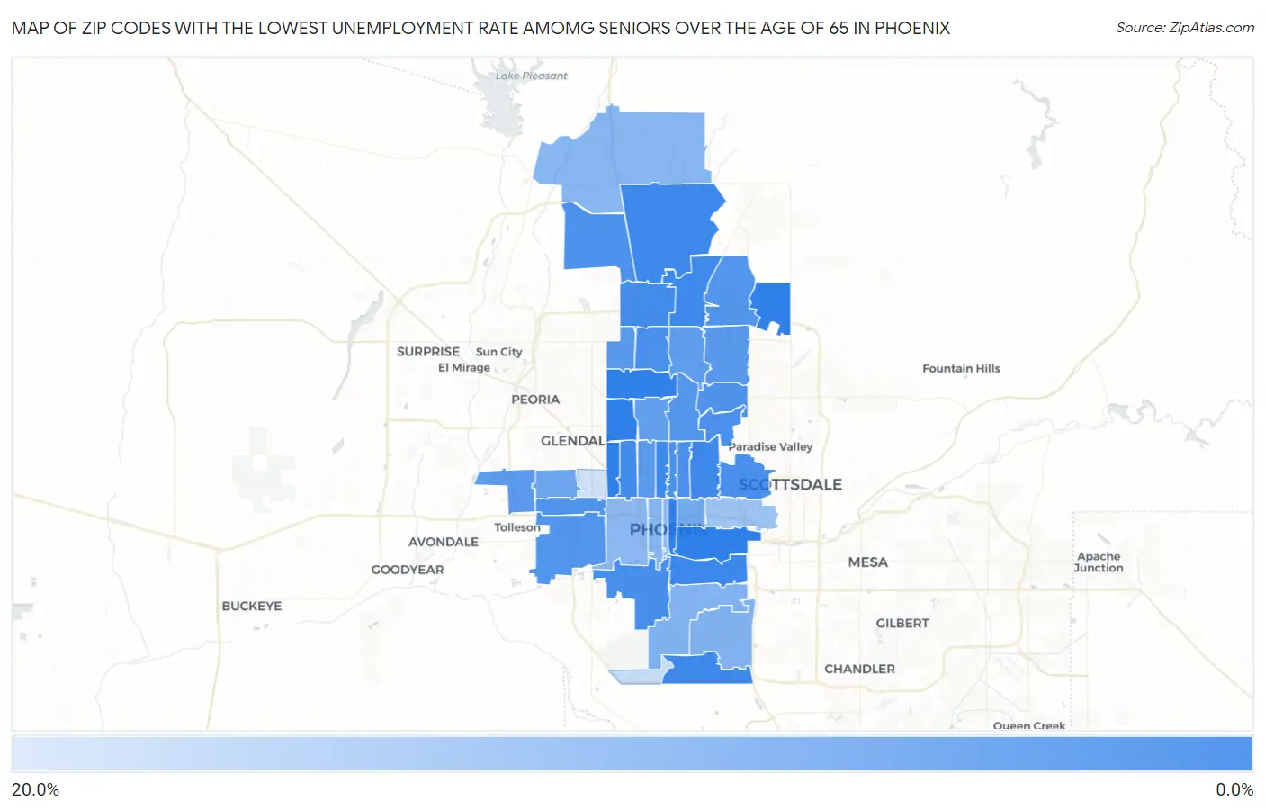 Zip Codes with the Lowest Unemployment Rate Amomg Seniors Over the Age of 65 in Phoenix Map