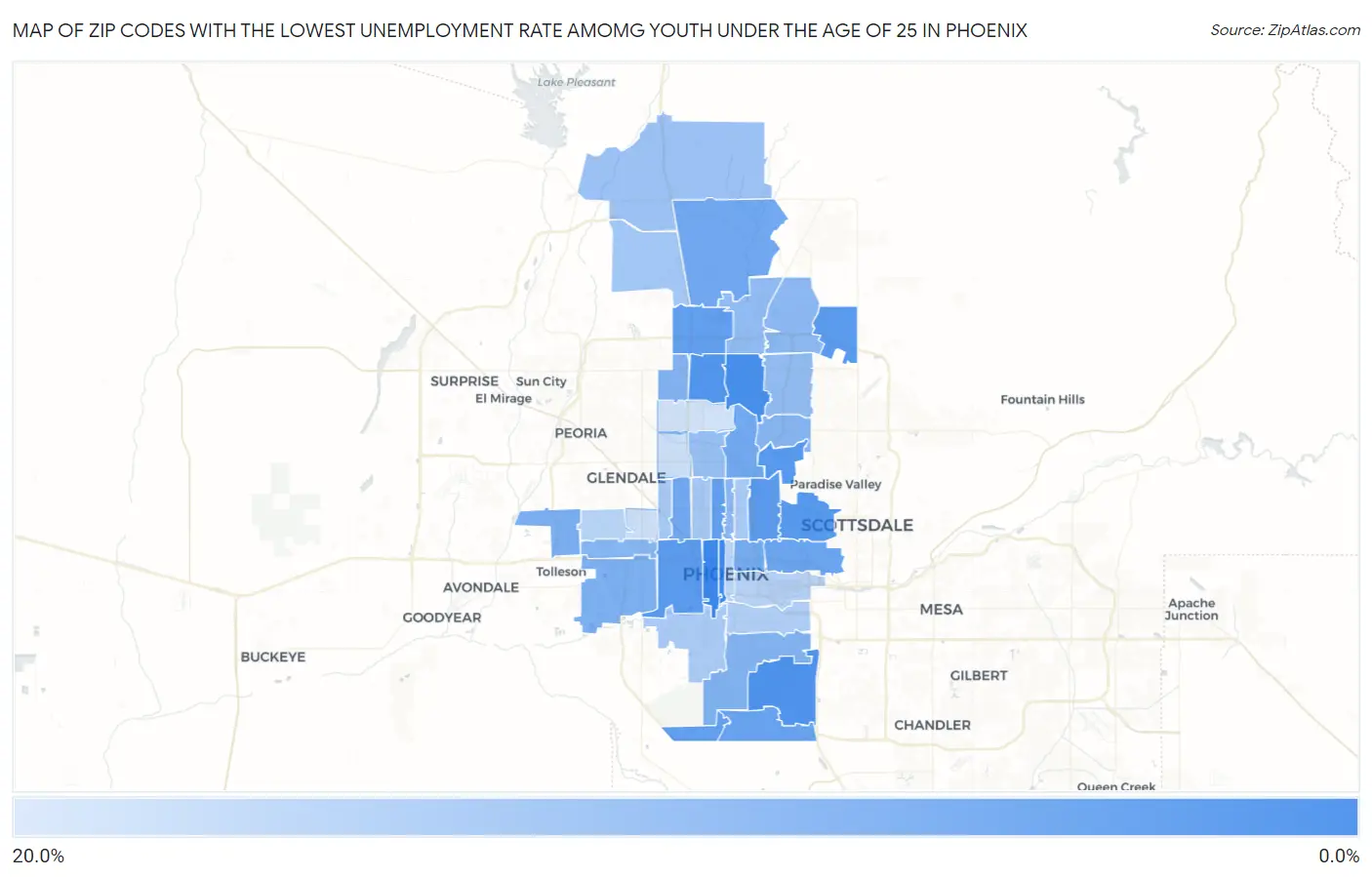 Zip Codes with the Lowest Unemployment Rate Amomg Youth Under the Age of 25 in Phoenix Map