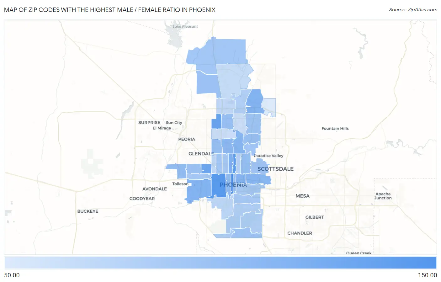 Zip Codes with the Highest Male / Female Ratio in Phoenix Map