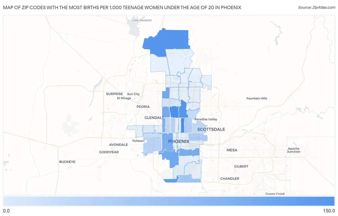 Zip Codes with the Most Births per 1,000 Teenage Women Under the Age of 20 in Phoenix Map