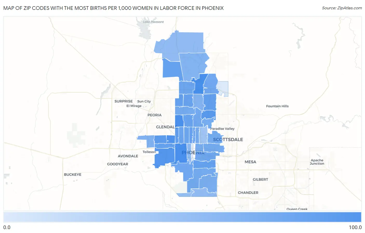 Zip Codes with the Most Births per 1,000 Women in Labor Force in Phoenix Map