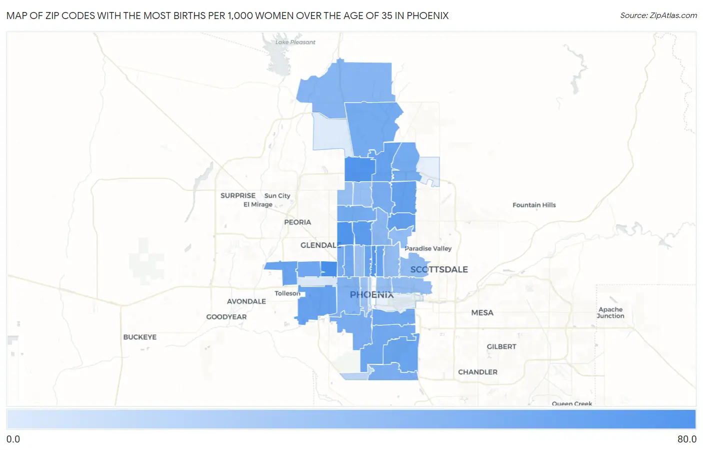 Zip Codes with the Most Births per 1,000 Women Over the Age of 35 in Phoenix Map