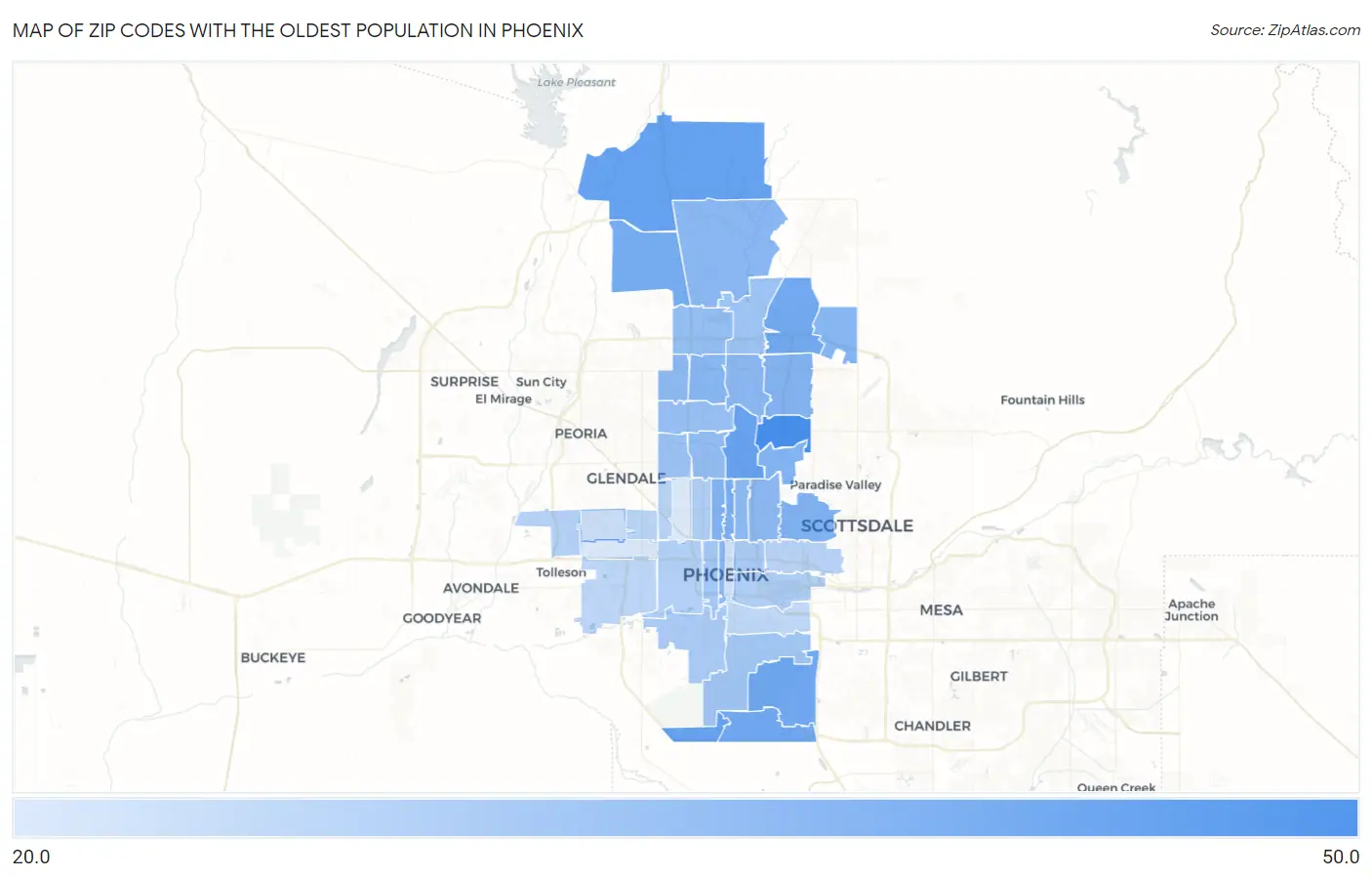 Zip Codes with the Oldest Population in Phoenix Map