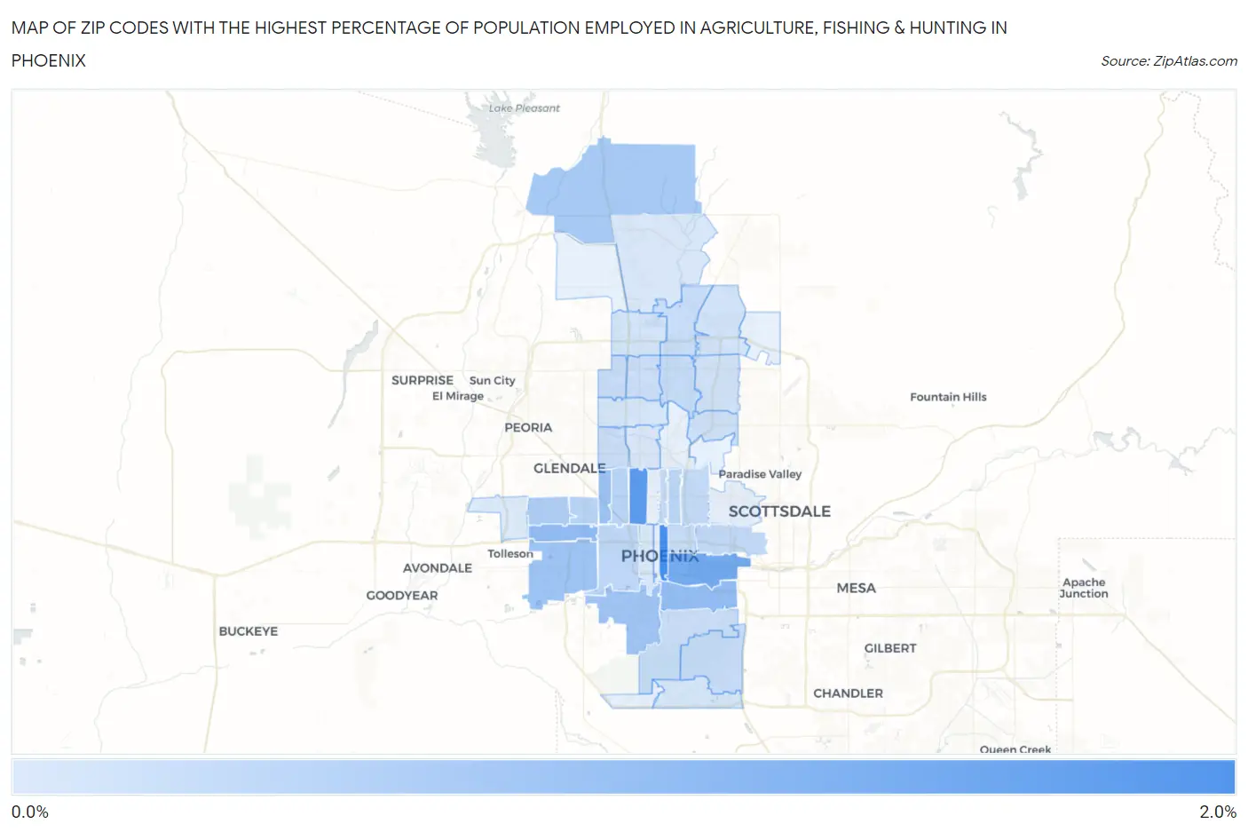 Zip Codes with the Highest Percentage of Population Employed in Agriculture, Fishing & Hunting in Phoenix Map