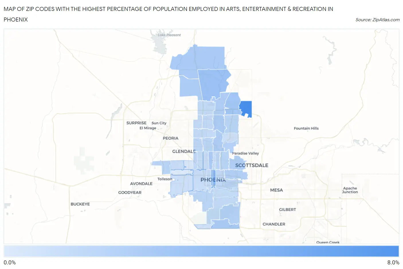 Zip Codes with the Highest Percentage of Population Employed in Arts, Entertainment & Recreation in Phoenix Map