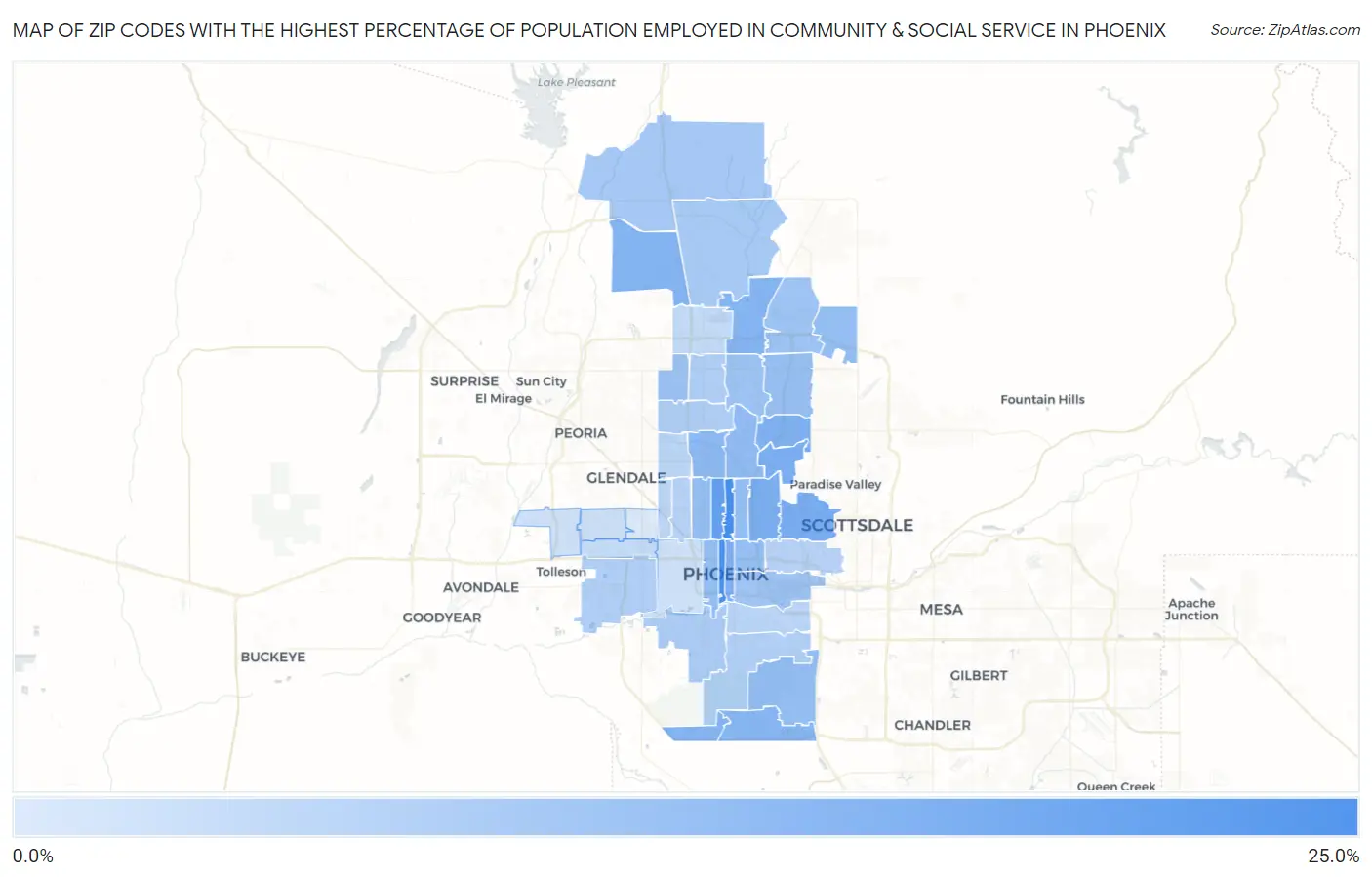 Zip Codes with the Highest Percentage of Population Employed in Community & Social Service  in Phoenix Map