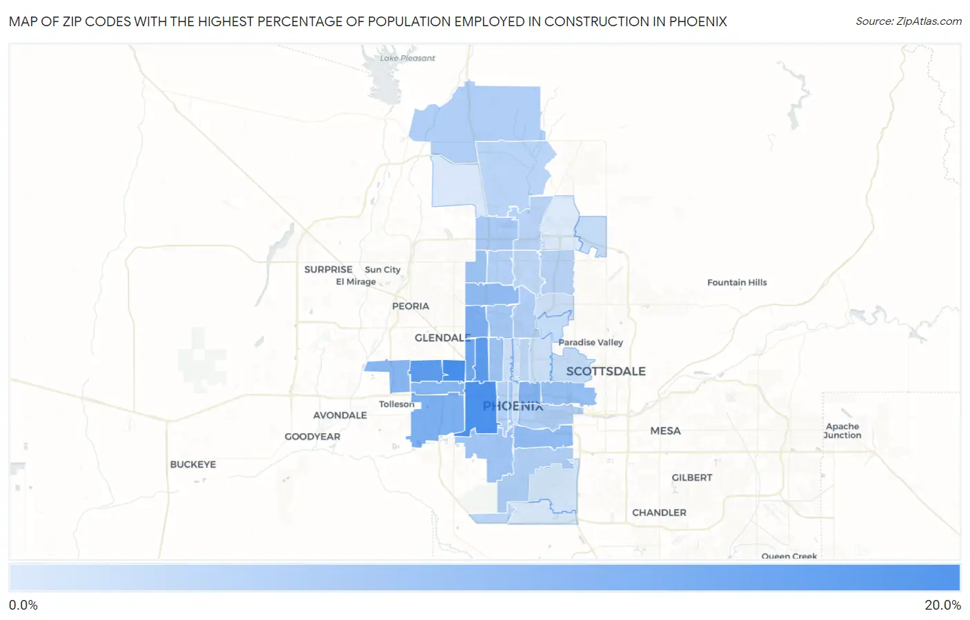 Zip Codes with the Highest Percentage of Population Employed in Construction in Phoenix Map