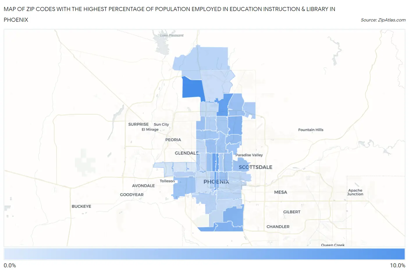 Zip Codes with the Highest Percentage of Population Employed in Education Instruction & Library in Phoenix Map