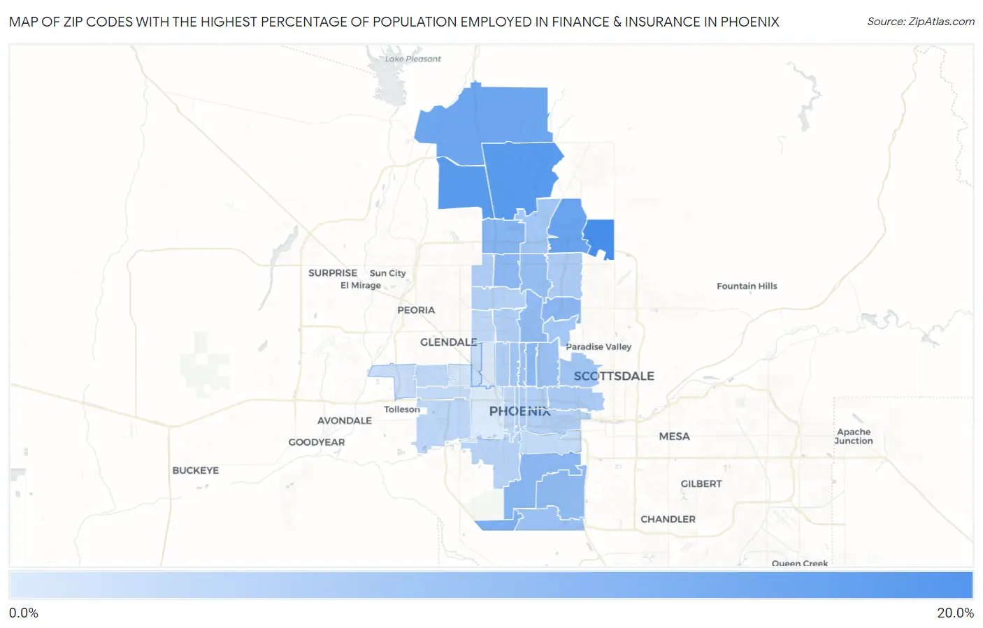 Zip Codes with the Highest Percentage of Population Employed in Finance & Insurance in Phoenix Map