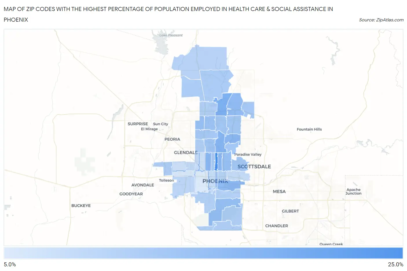 Zip Codes with the Highest Percentage of Population Employed in Health Care & Social Assistance in Phoenix Map