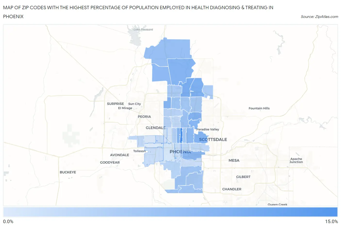 Zip Codes with the Highest Percentage of Population Employed in Health Diagnosing & Treating in Phoenix Map