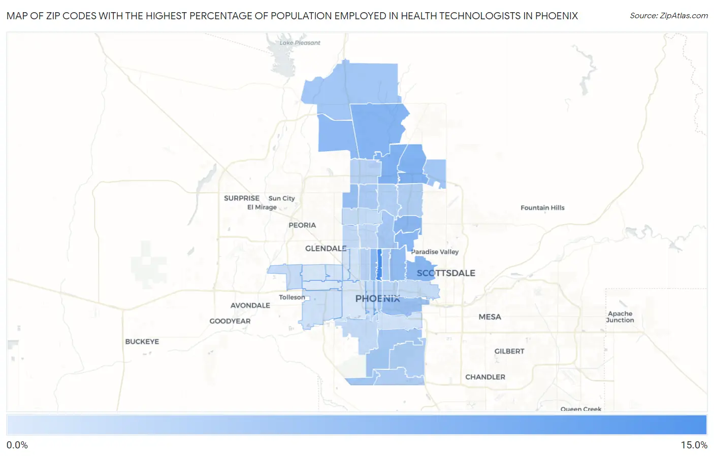 Zip Codes with the Highest Percentage of Population Employed in Health Technologists in Phoenix Map