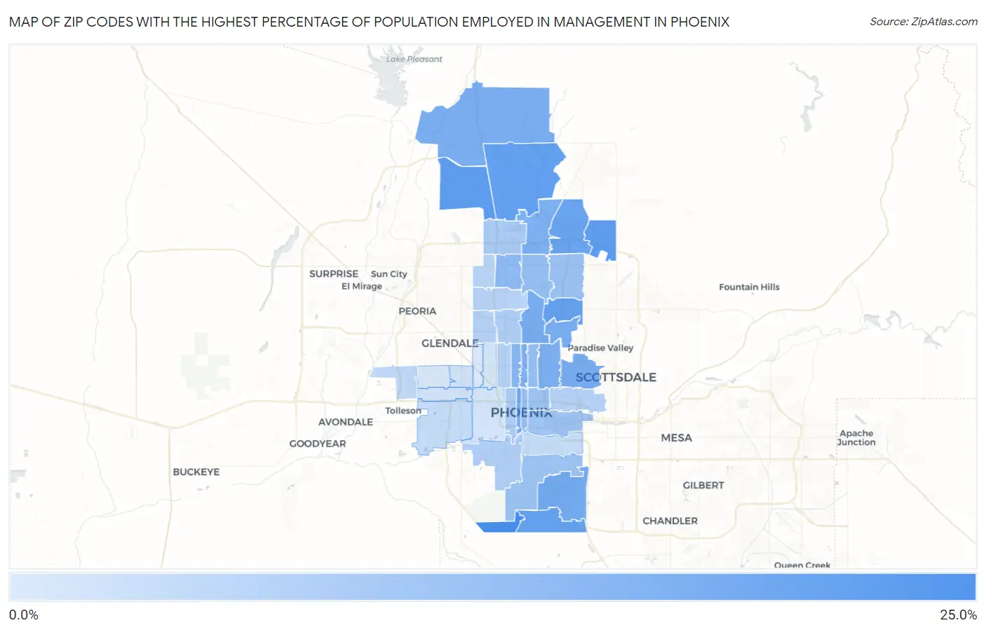 Zip Codes with the Highest Percentage of Population Employed in Management in Phoenix Map