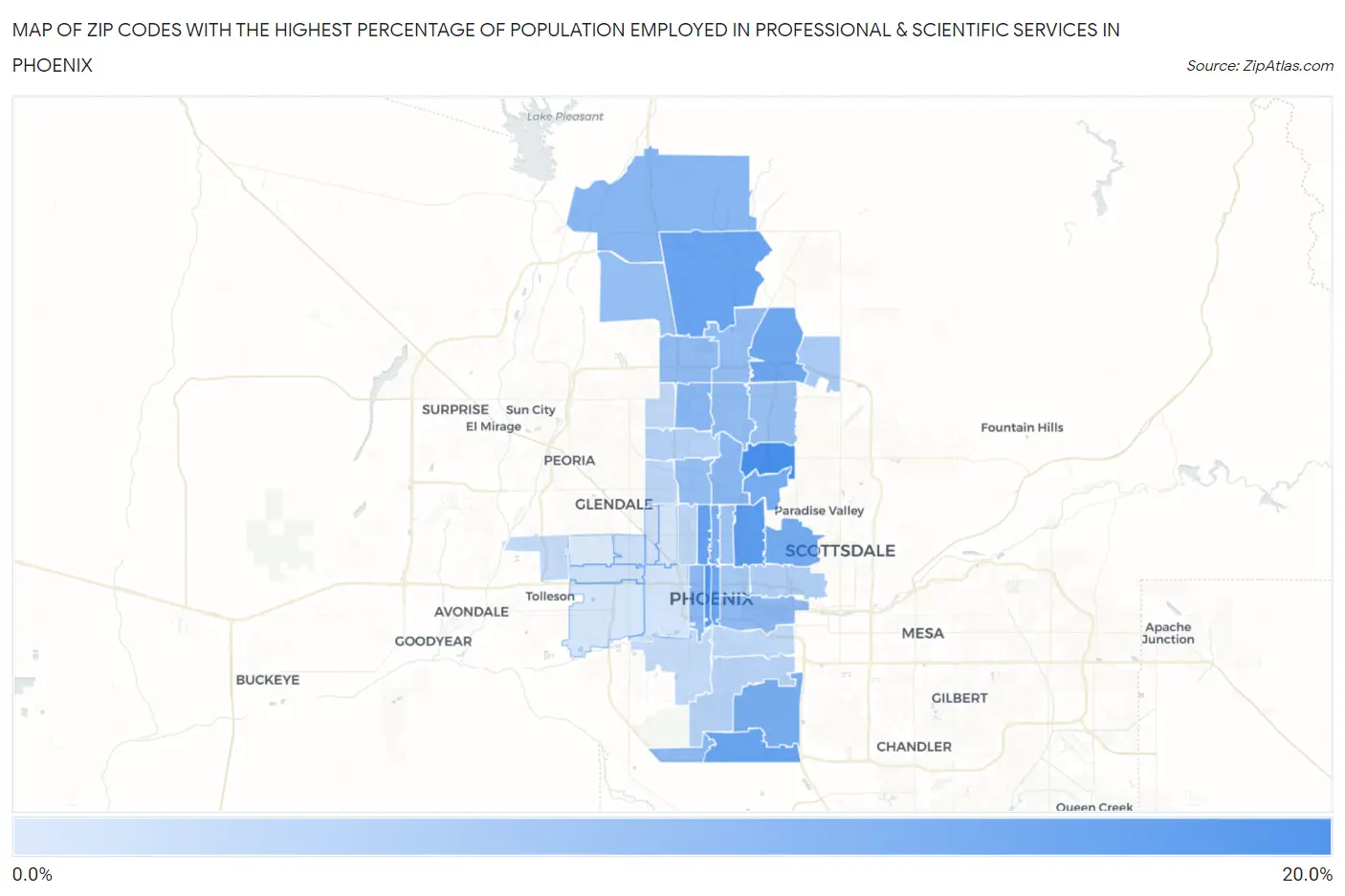 Zip Codes with the Highest Percentage of Population Employed in Professional & Scientific Services in Phoenix Map