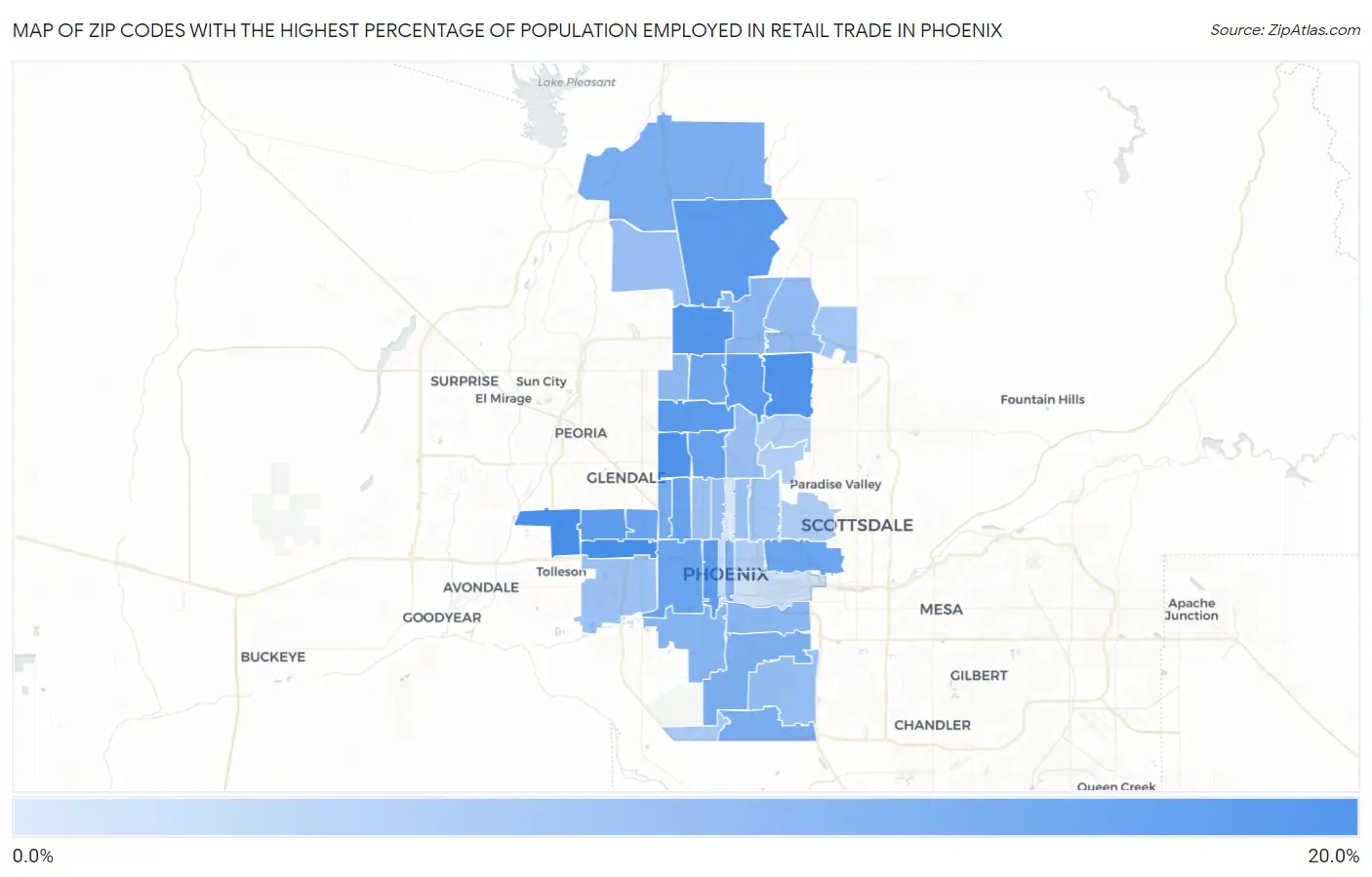 Zip Codes with the Highest Percentage of Population Employed in Retail Trade in Phoenix Map