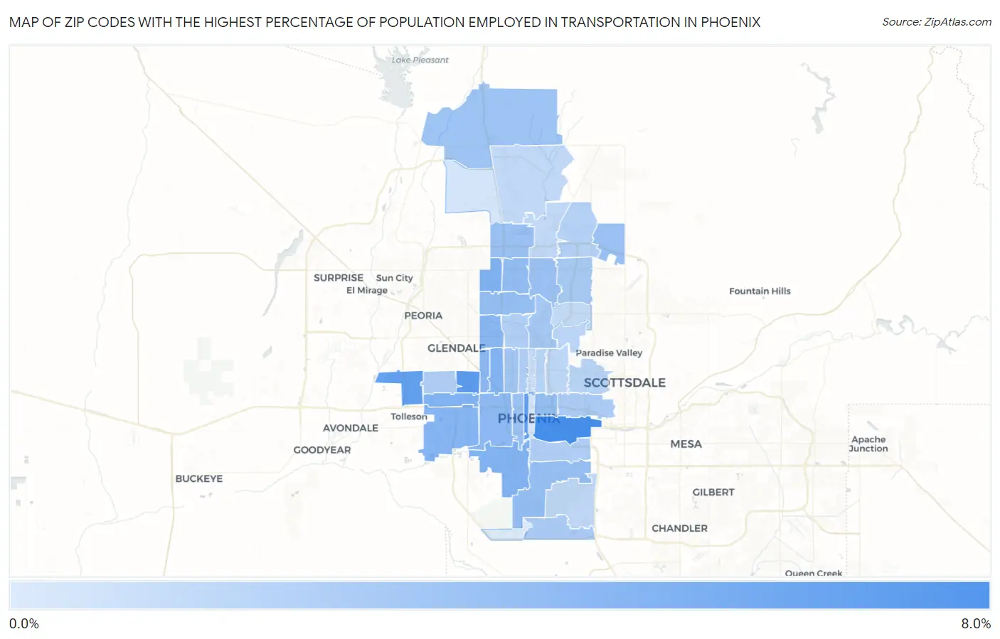Zip Codes with the Highest Percentage of Population Employed in Transportation in Phoenix Map