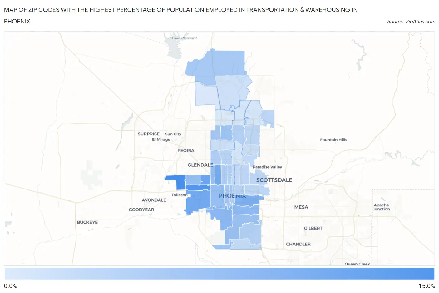 Zip Codes with the Highest Percentage of Population Employed in Transportation & Warehousing in Phoenix Map