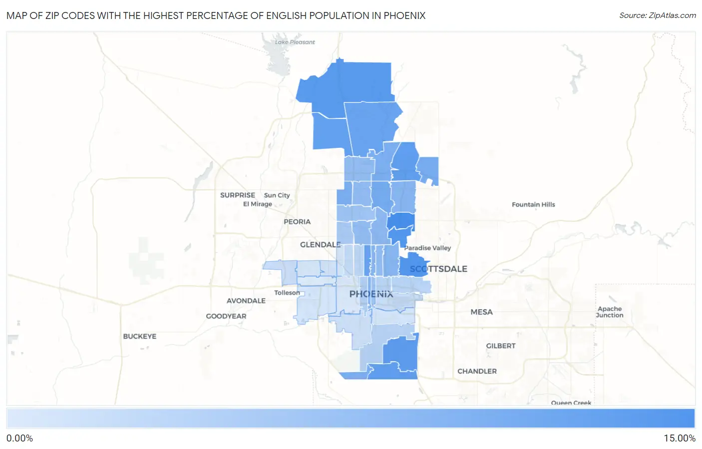 Zip Codes with the Highest Percentage of English Population in Phoenix Map