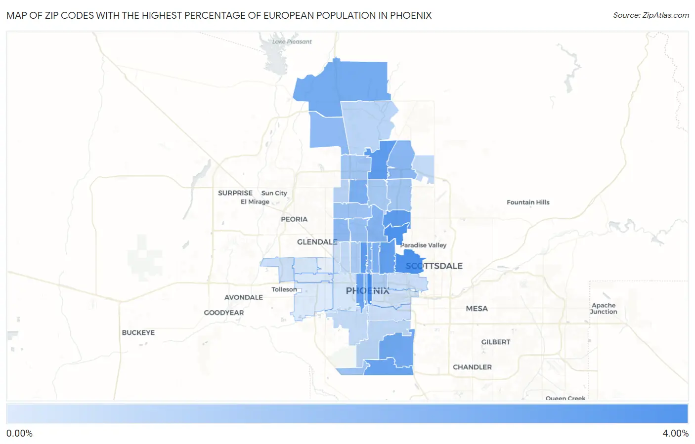 Zip Codes with the Highest Percentage of European Population in Phoenix Map