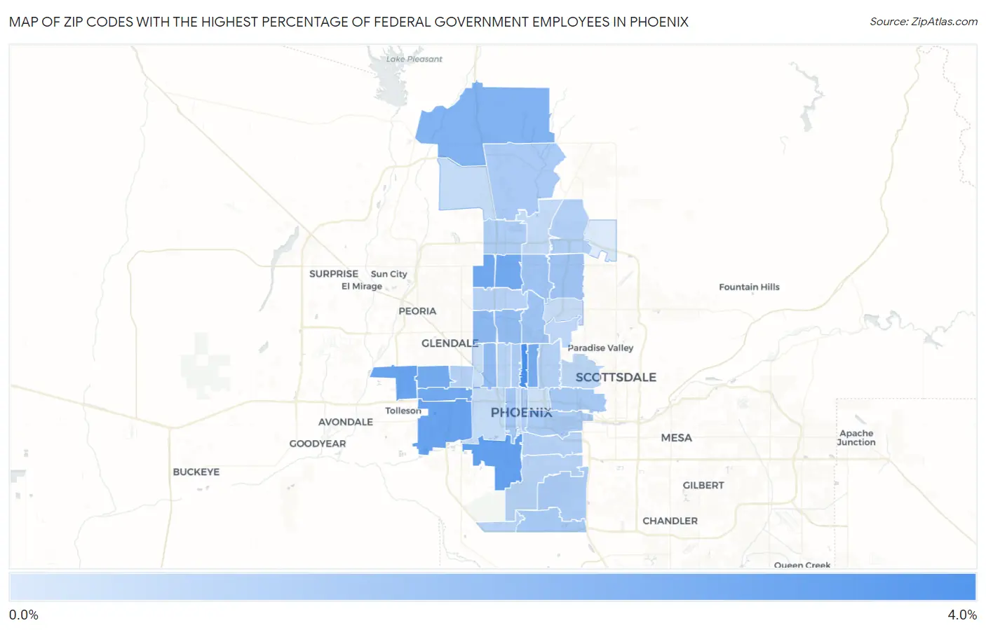 Zip Codes with the Highest Percentage of Federal Government Employees in Phoenix Map