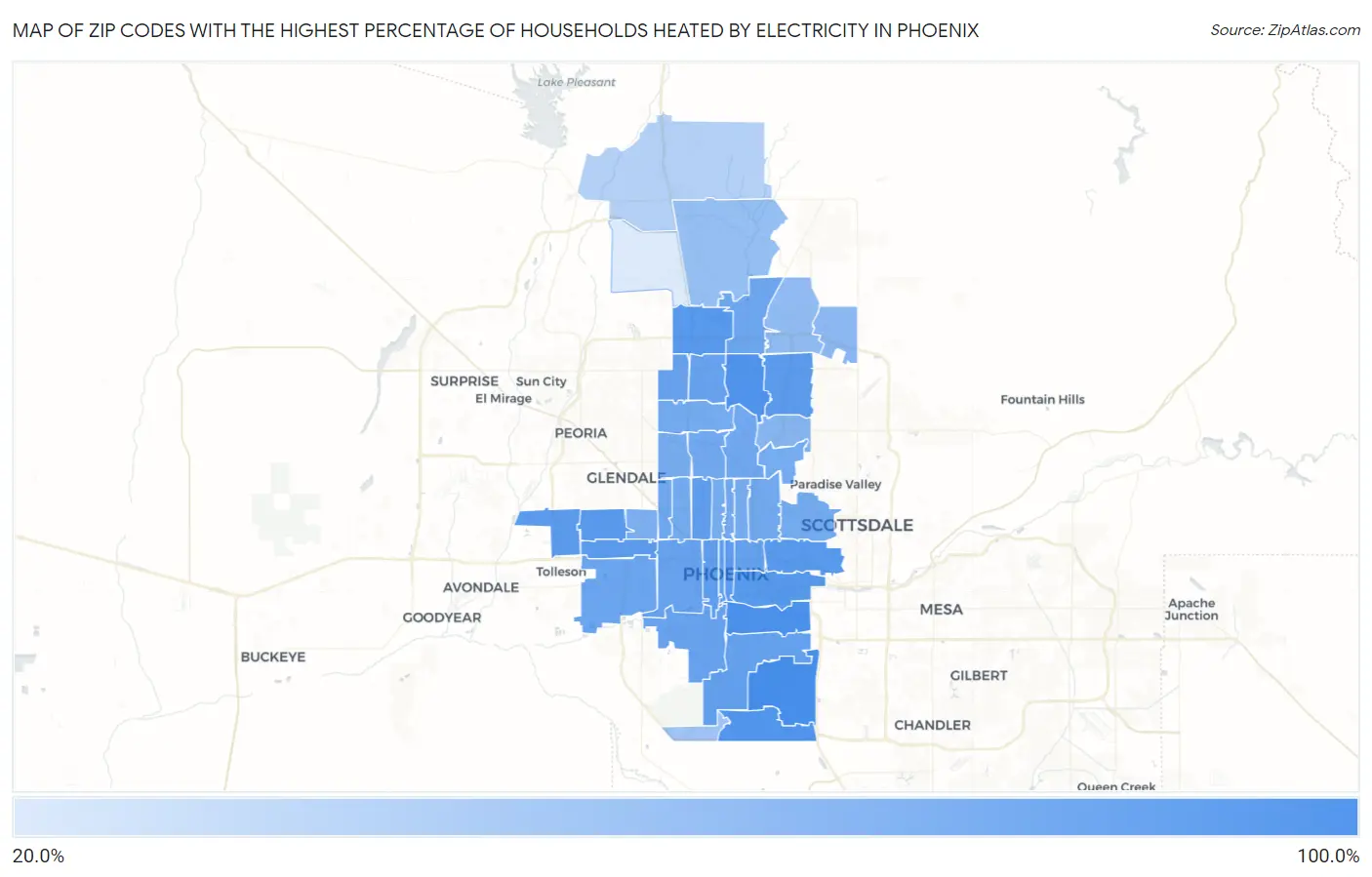 Zip Codes with the Highest Percentage of Households Heated by Electricity in Phoenix Map