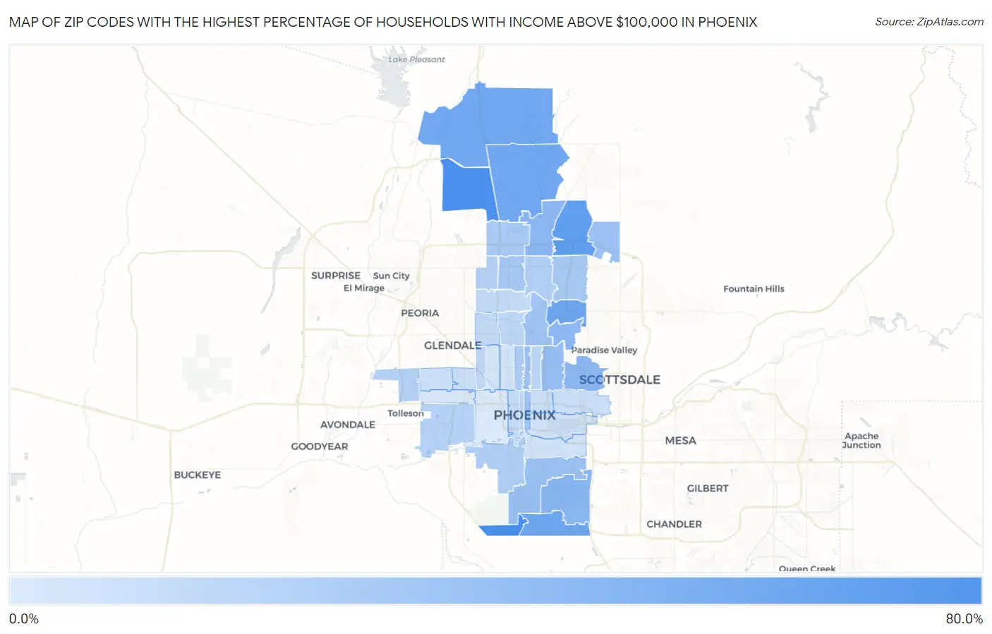 Zip Codes with the Highest Percentage of Households with Income Above $100,000 in Phoenix Map