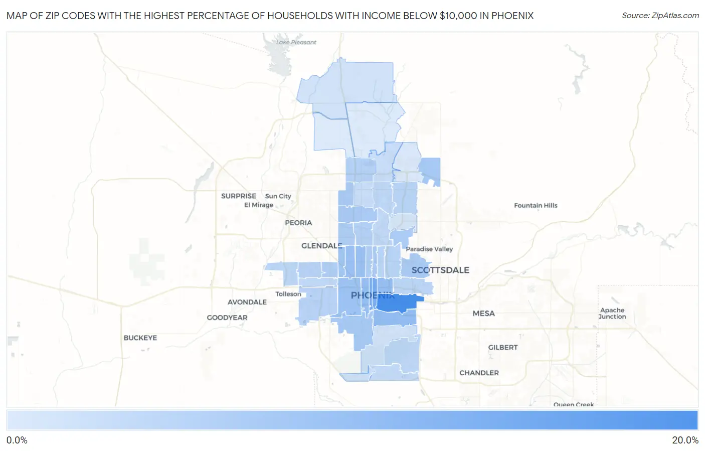 Zip Codes with the Highest Percentage of Households with Income Below $10,000 in Phoenix Map