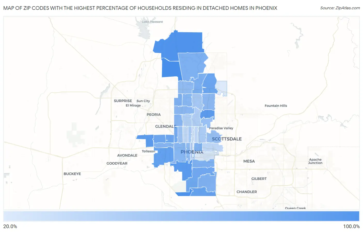 Zip Codes with the Highest Percentage of Households Residing in Detached Homes in Phoenix Map