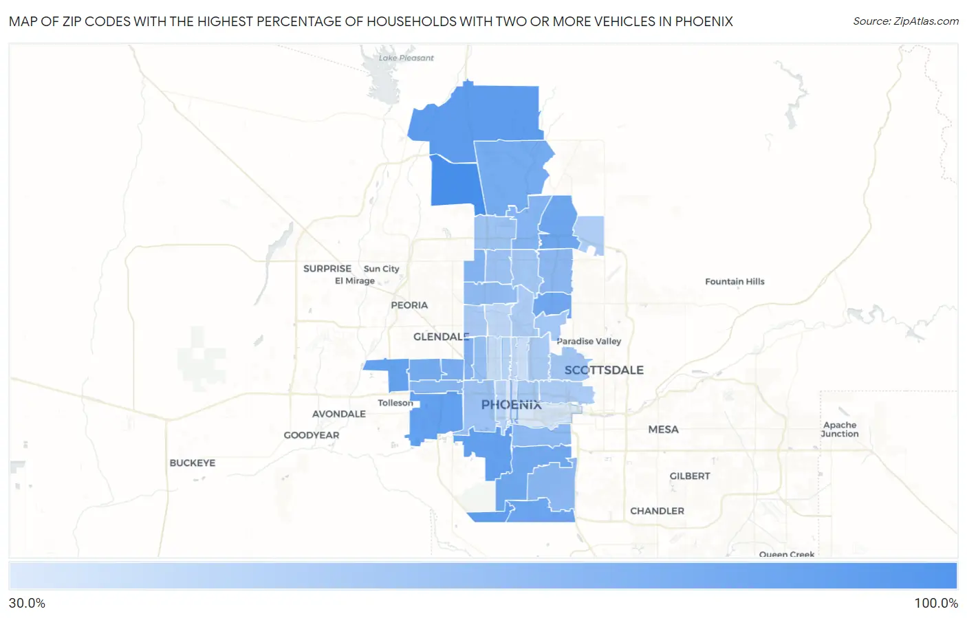 Zip Codes with the Highest Percentage of Households With Two or more Vehicles in Phoenix Map