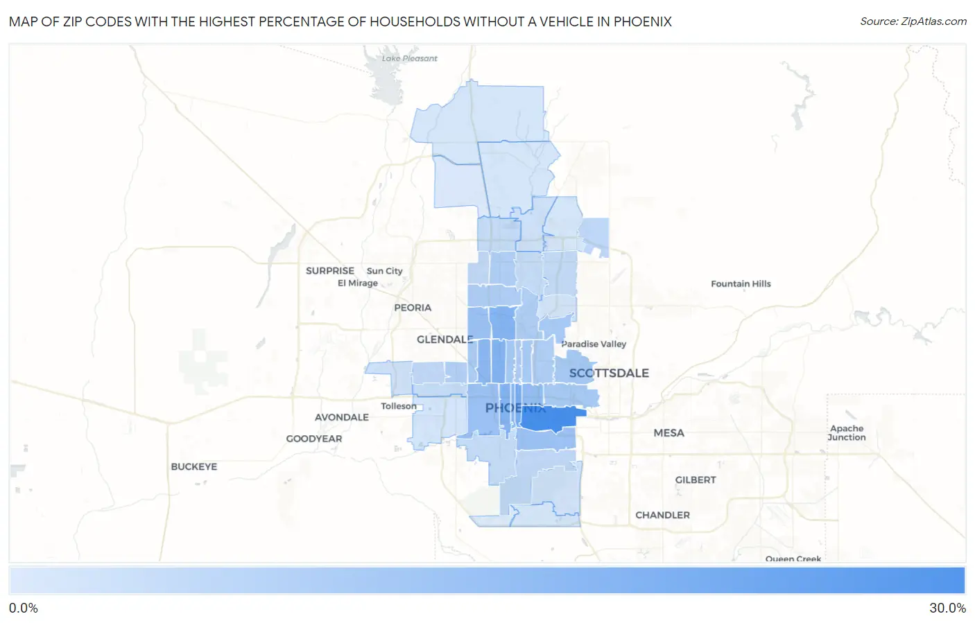 Zip Codes with the Highest Percentage of Households Without a Vehicle in Phoenix Map