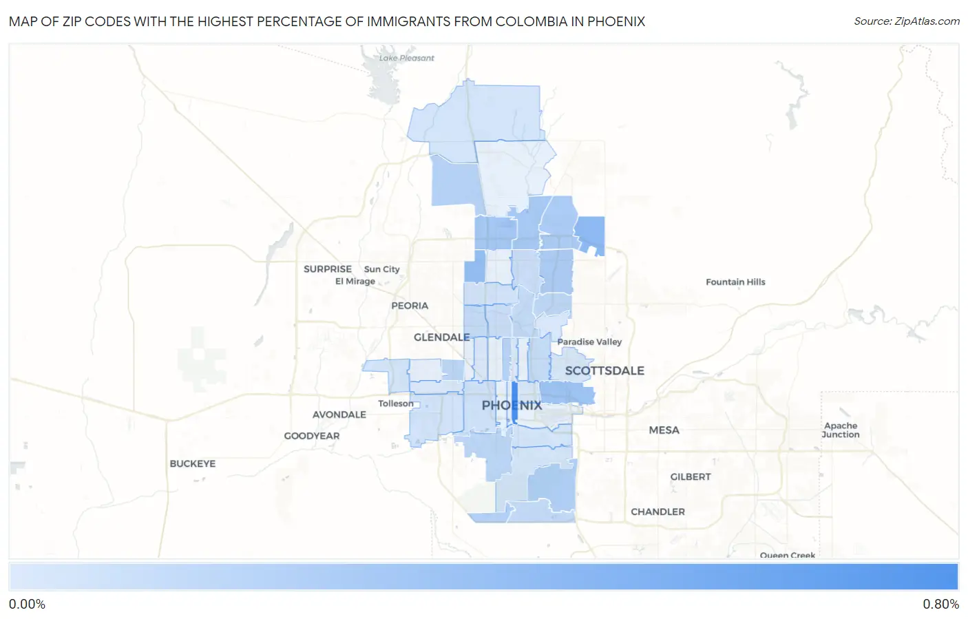 Zip Codes with the Highest Percentage of Immigrants from Colombia in Phoenix Map