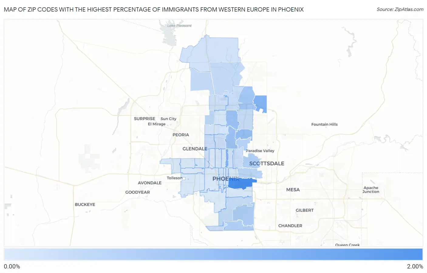 Zip Codes with the Highest Percentage of Immigrants from Western Europe in Phoenix Map
