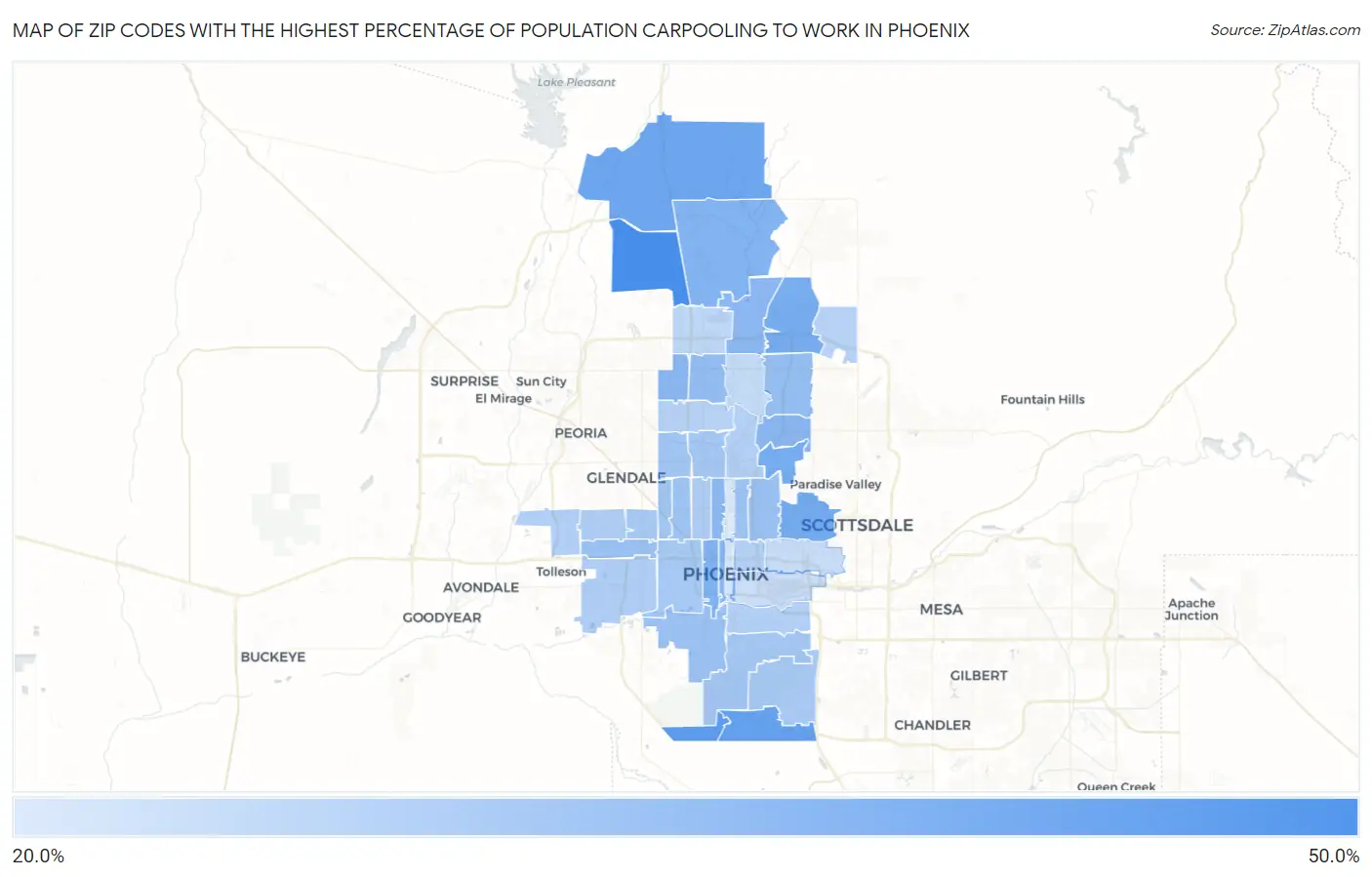 Zip Codes with the Highest Percentage of Population Carpooling to Work in Phoenix Map