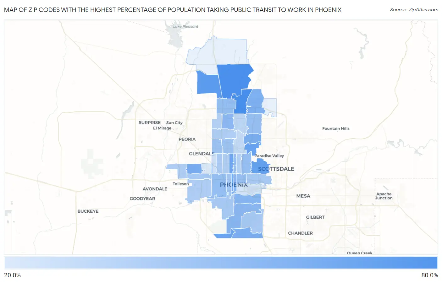 Zip Codes with the Highest Percentage of Population Taking Public Transit to Work in Phoenix Map