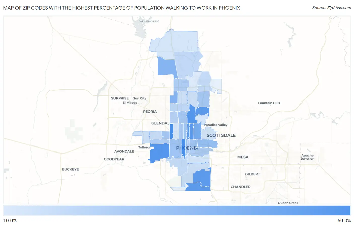 Zip Codes with the Highest Percentage of Population Walking to Work in Phoenix Map