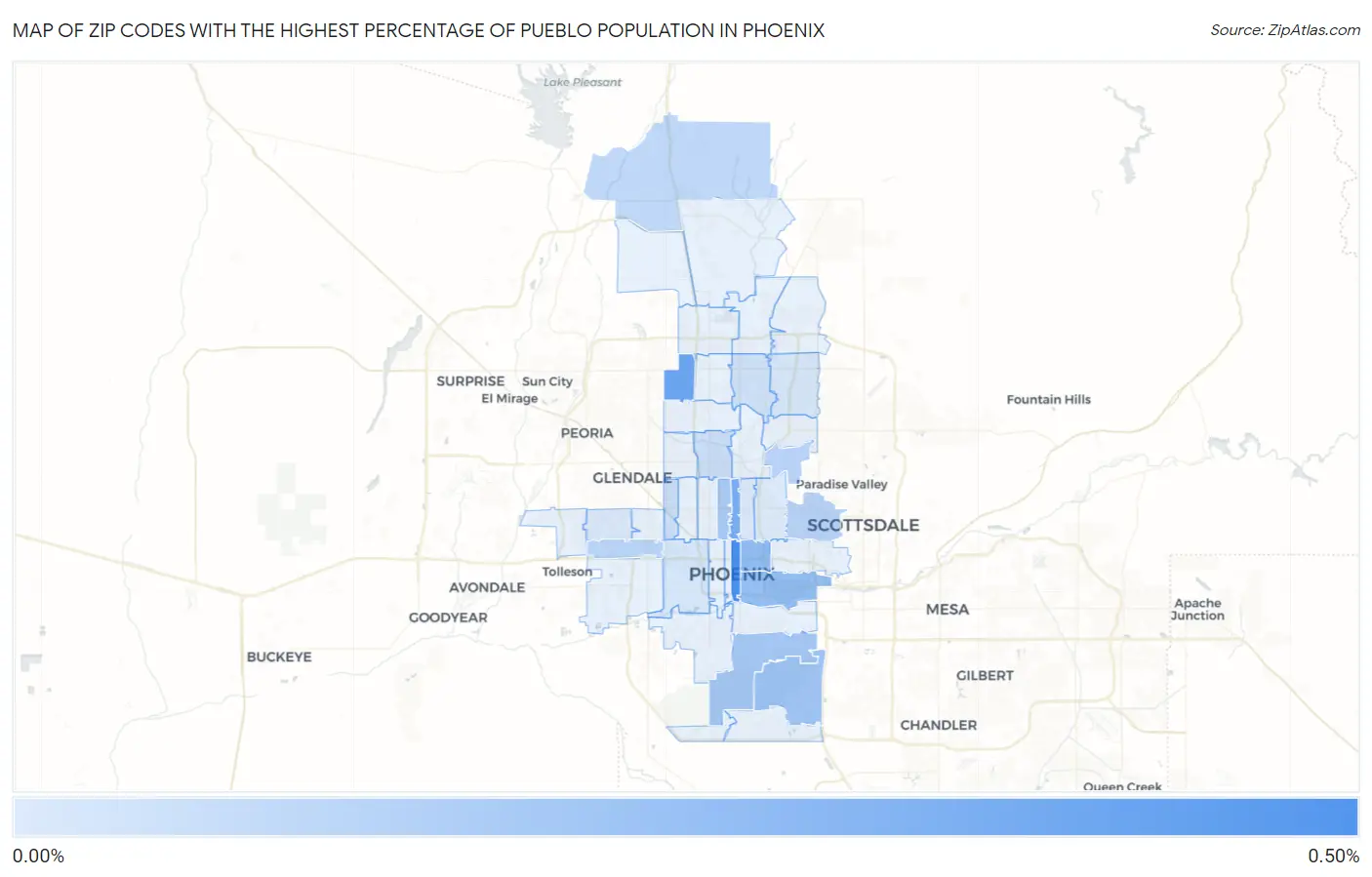 Zip Codes with the Highest Percentage of Pueblo Population in Phoenix Map