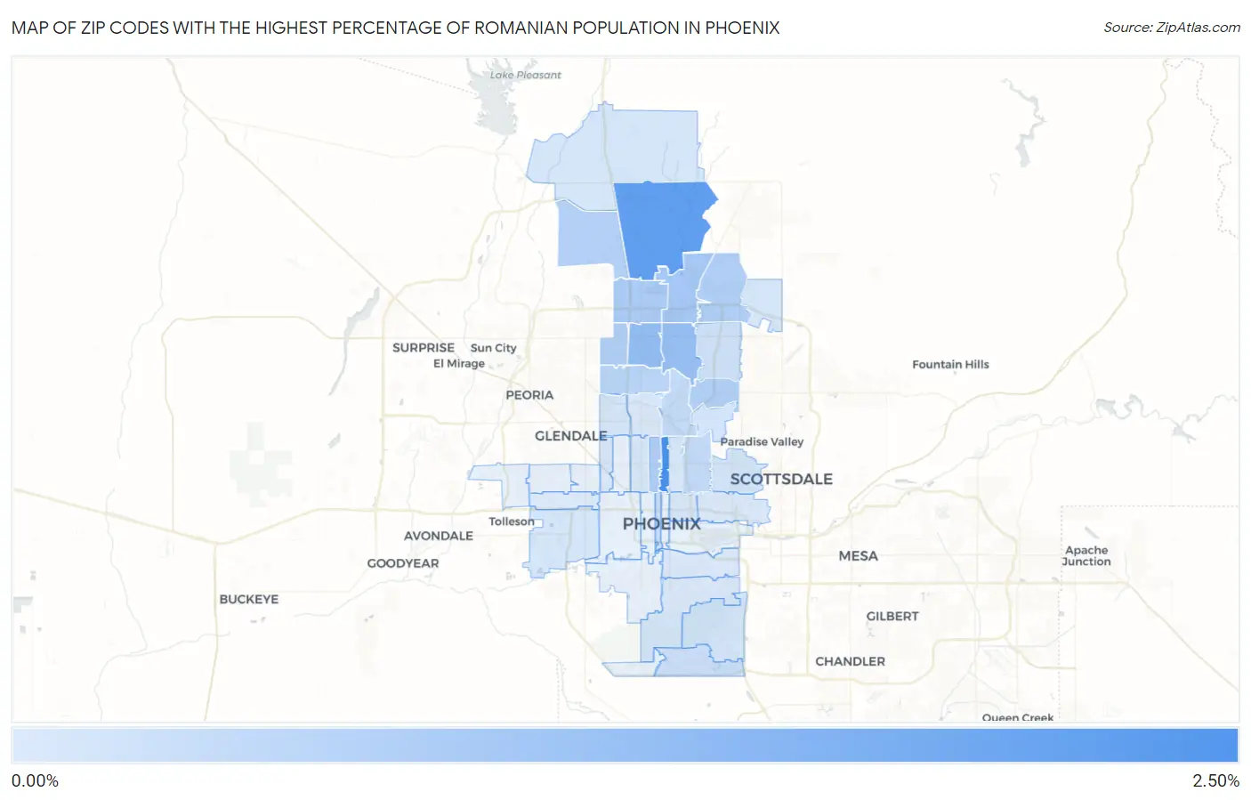 Zip Codes with the Highest Percentage of Romanian Population in Phoenix Map