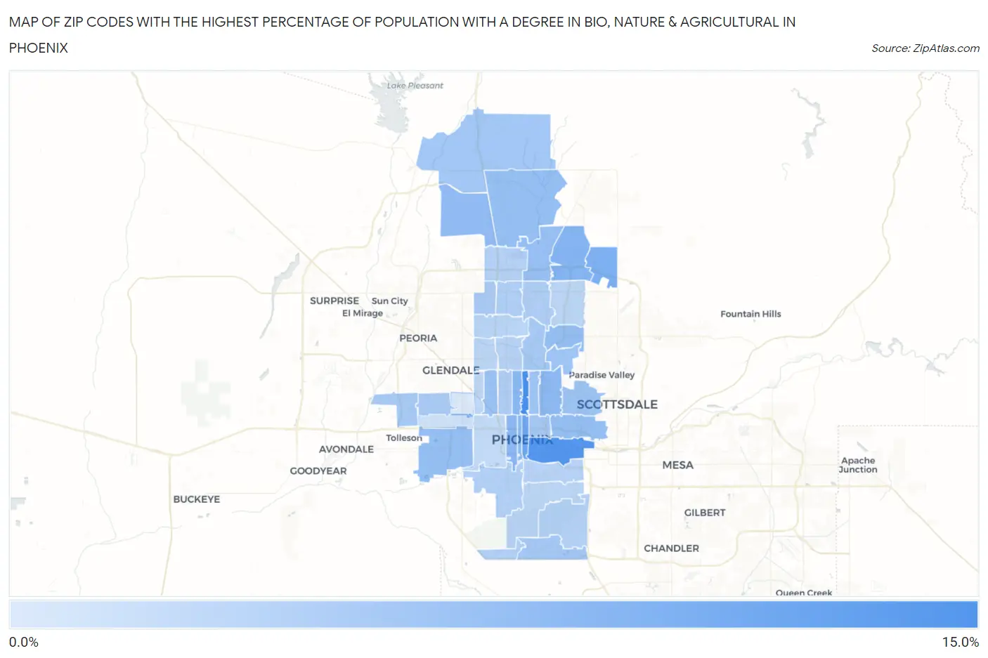 Zip Codes with the Highest Percentage of Population with a Degree in Bio, Nature & Agricultural in Phoenix Map