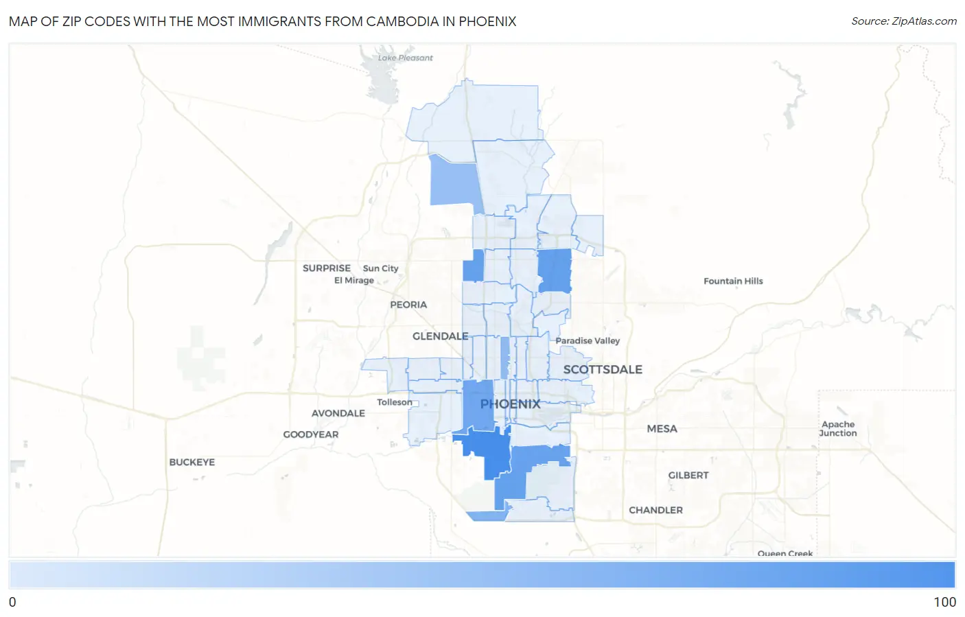 Zip Codes with the Most Immigrants from Cambodia in Phoenix Map