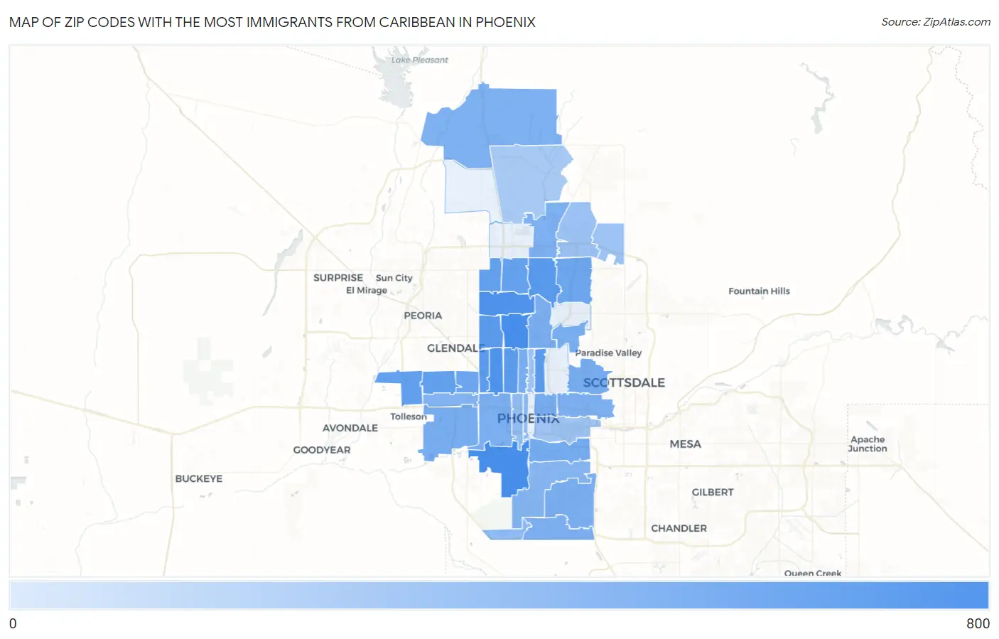 Zip Codes with the Most Immigrants from Caribbean in Phoenix Map