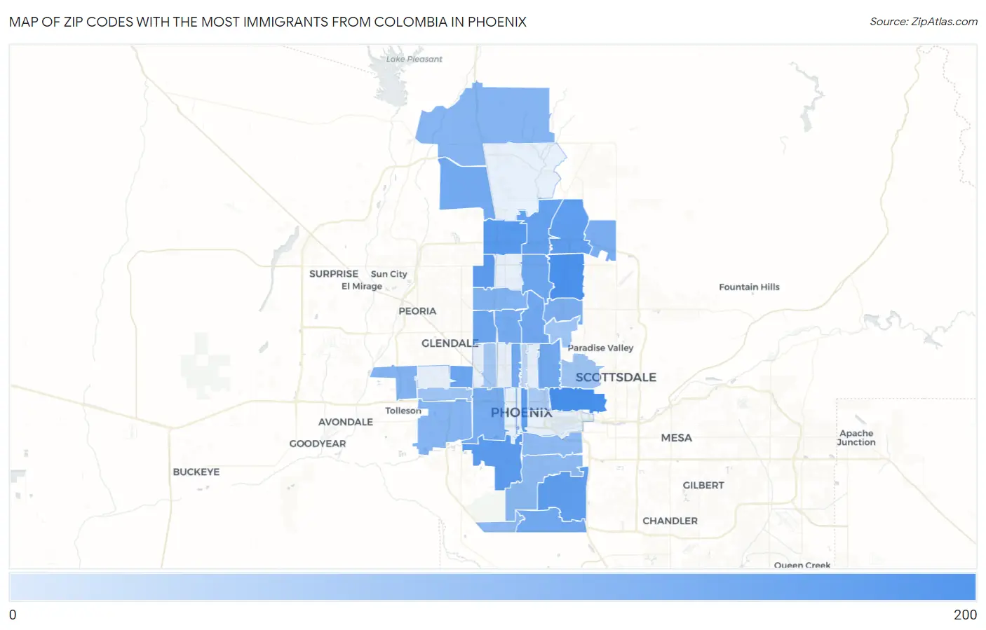 Zip Codes with the Most Immigrants from Colombia in Phoenix Map