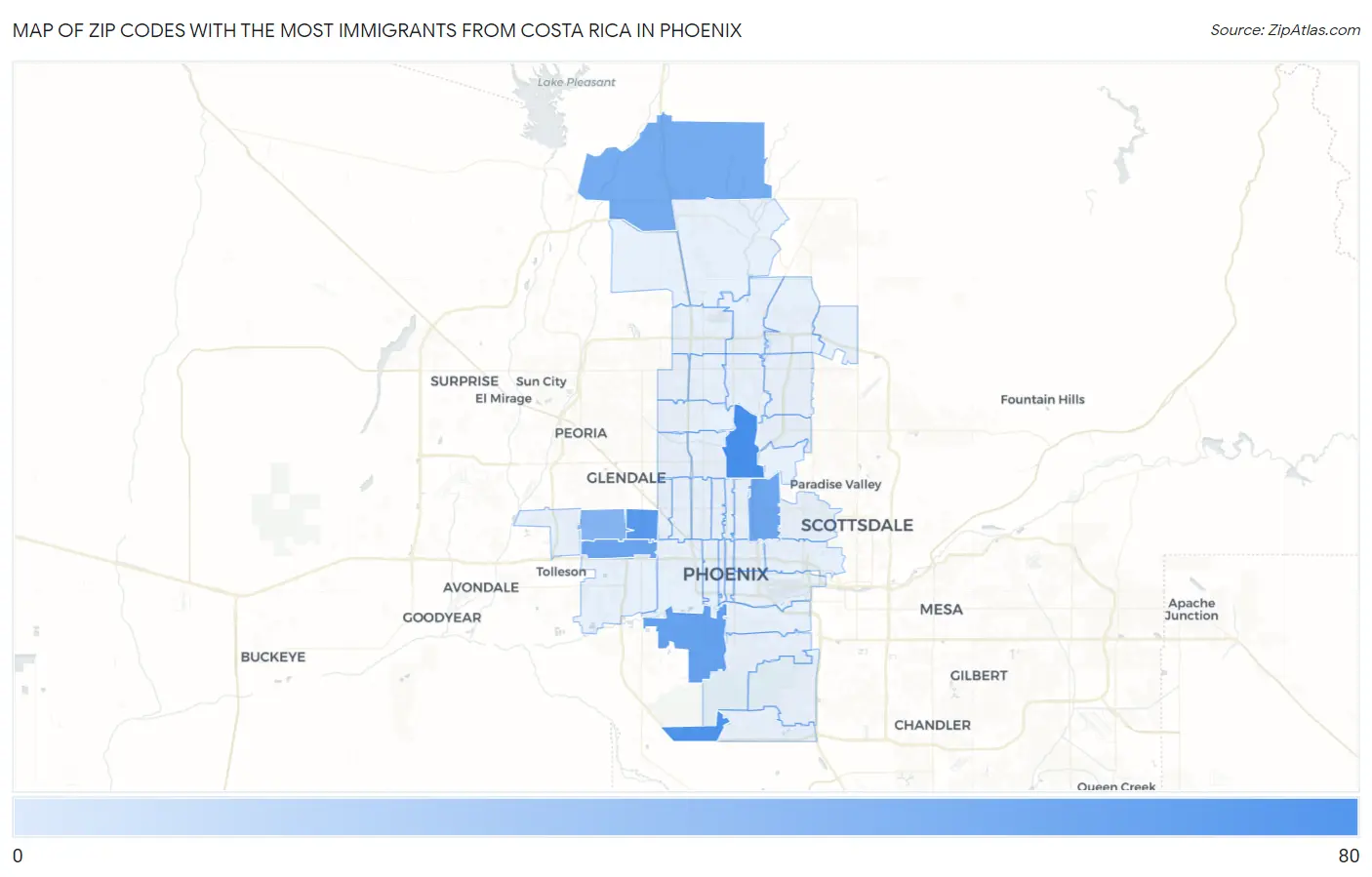 Zip Codes with the Most Immigrants from Costa Rica in Phoenix Map